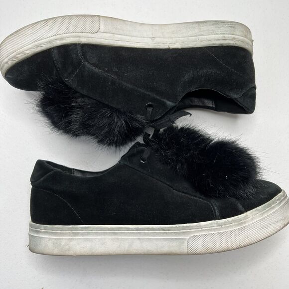 Sam Edelman Size 10 Shoes Leya Black Velvet Faux Fur Pom Pom Slip-On Women's - Picture 4 of 11